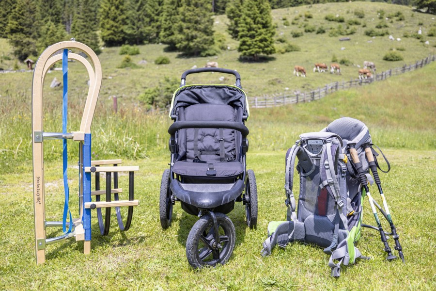 Rodel, Kinderwagen, Buggy, Rückentrage und Wanderstöcke können im Hotel ausgeliehen werden
